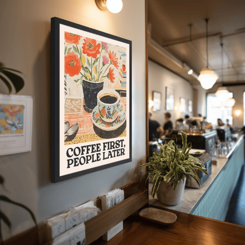 Wood Framed Retro Coffee Wall Art – “Coffee First, People Later” Vintage Cafe Poster Canvas Art