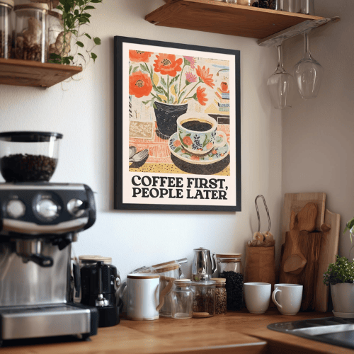 Wood Framed Retro Coffee Wall Art – “Coffee First, People Later” Vintage Cafe Poster Canvas Art