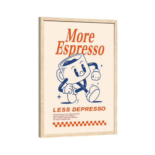 Funny Coffee Wall Art – “More Espresso, Less Depresso” Vintage Cafe Poster Canvas Art