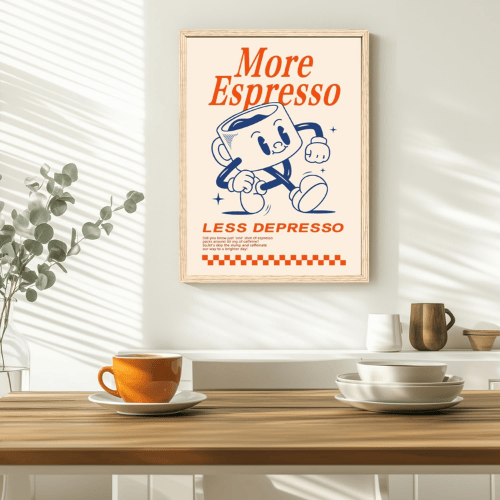 Funny Coffee Wall Art – “More Espresso, Less Depresso” Vintage Cafe Poster Canvas Art