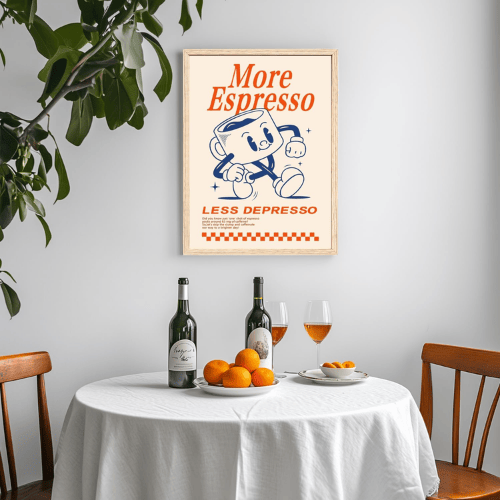 Funny Coffee Wall Art – “More Espresso, Less Depresso” Vintage Cafe Poster Canvas Art