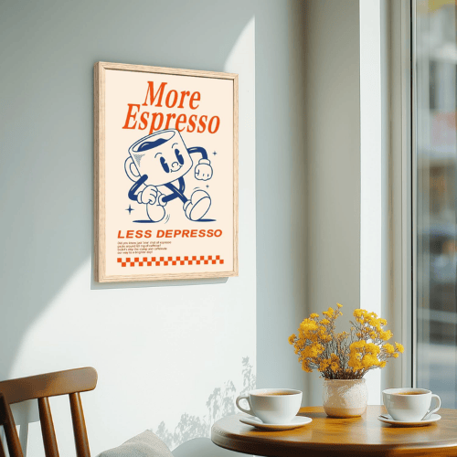 Funny Coffee Wall Art – “More Espresso, Less Depresso” Vintage Cafe Poster Canvas Art