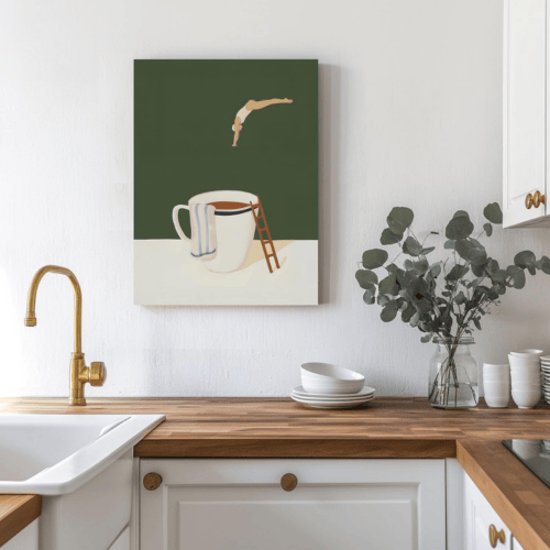 Modern Coffee Wall Art – Funny Diver Minimalist Cafe Poster Canvas Art
