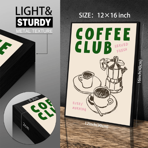 Black Framed Coffee Wall Art – Vintage Coffee Club Poster Canvas Art