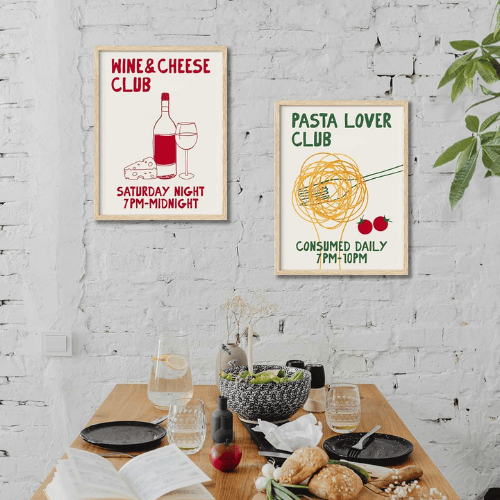 Wine Club Framed Wall Art – Hand Drawn Wine & Cheese Canvas Art