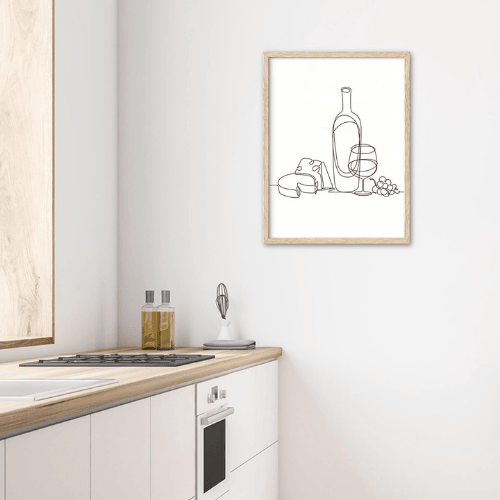 Wine & Cheese Line Art Framed Wall Art – Minimalist Dining Room Canvas Art