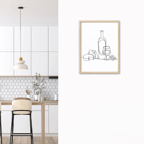 Wine & Cheese Line Art Framed Wall Art – Minimalist Dining Room Canvas Art